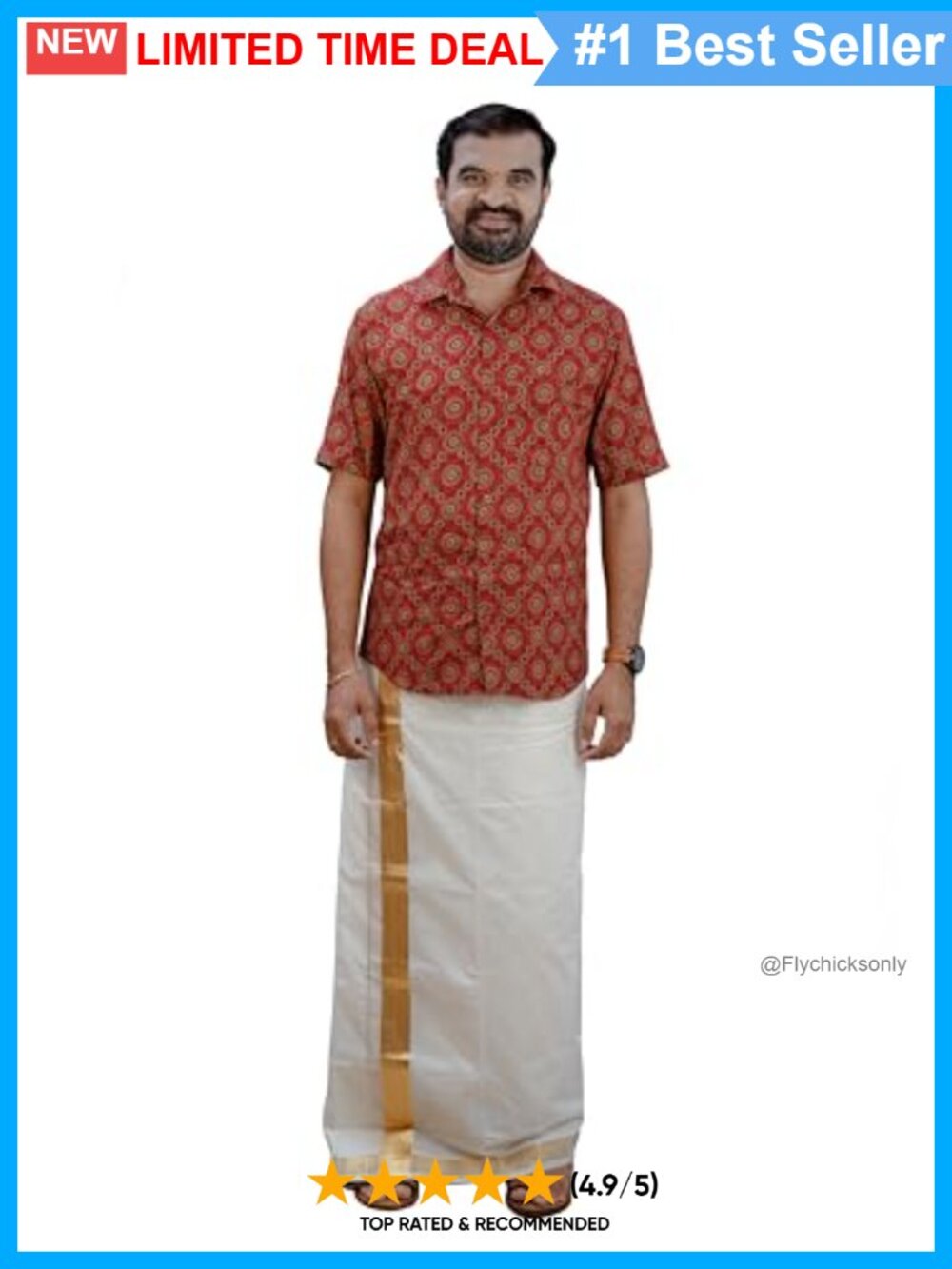 Men's Pure Cotton Double Layer Dhoti Veshti with 2" Kasavu Border